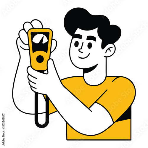 Positive cartoon man holding a vibrant yellow handheld measuring device, symbolizing precise technical assessment, diagnostic work, and data analysis in a modern, simplified graphic style
