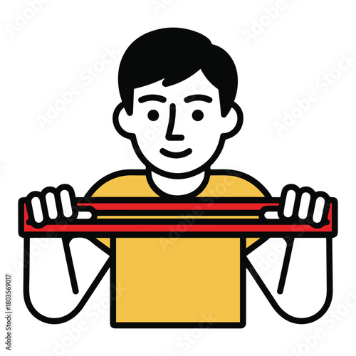 Illustrated depiction of a man engaging in a fitness workout, actively stretching a resistance band for upper body strength and an effective exercise routine
