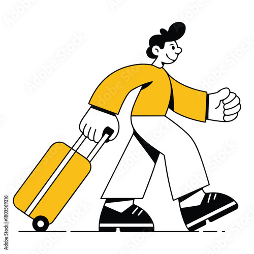 A cheerful minimalist illustration of a person walking confidently, pulling a bright yellow wheeled suitcase, symbolizing travel, vacation, or an exciting new journey