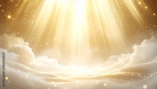Divine Golden Light Beams Shining Through Clouds with Sparkling Particles, Creating a Heavenly Atmosphere
