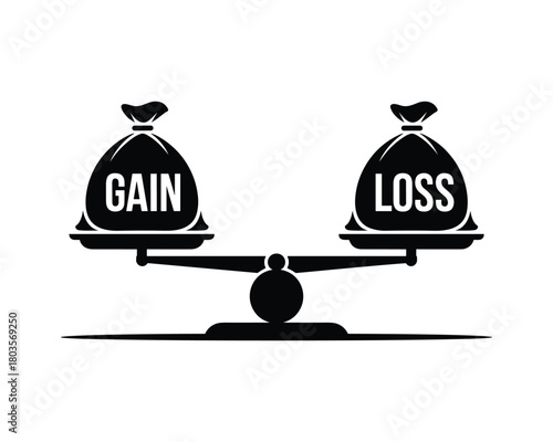 Balance scale with gain and loss money bags financial concept silhouette illustration