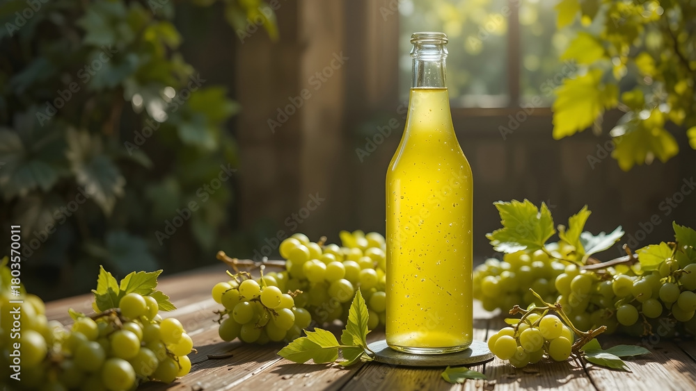 Fototapeta premium Glass bottle of fresh green grape juice on a wooden table outdoors with natural sunlight