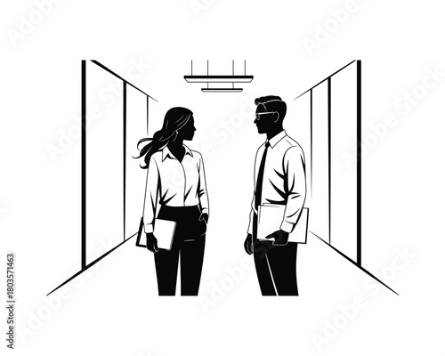 Man and woman in office hallway holding documents Silhouetted vector design