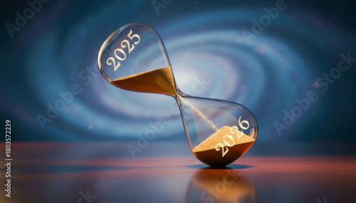 Future countdown: hourglass shows 2025 to 2026 transition with flowing sand