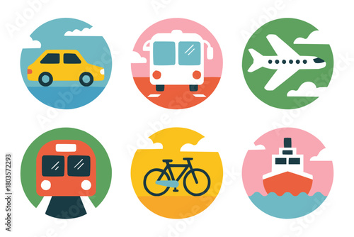 Transportation vector icons collection: Car, bus, airplane, train, bicycle, ship. Modern travel symbols for web, app, and design projects with easy scalability