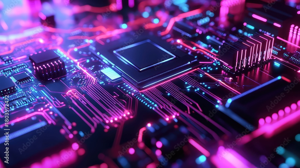 Fototapeta premium Circuit board glowing with neon pink and blue lights