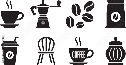 Black and white coffee icons set with cup, grinder, beans, sugar bowl and chair