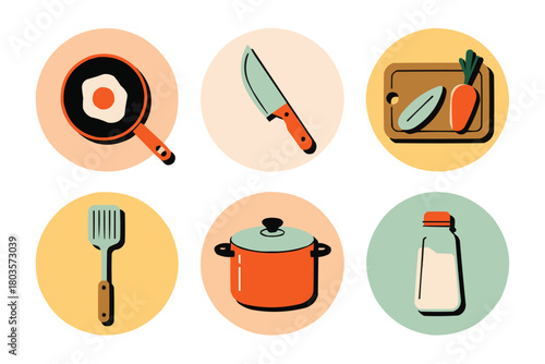 Delightful kitchen icons set for culinary creations, featuring vibrant, modern design ideal for recipe blogs, food apps, and charming kitchen decor projects