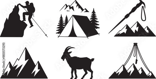 Climber silhouette climbing mountain with rope and stick on transparent backdrop