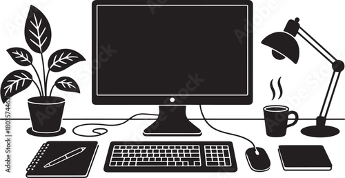 Computer with Desk Lamp Stationary Coffee and Plant Icon Flat Vector Design