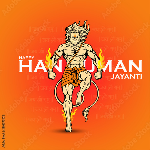 Hanuman Jayanti Illustration of Lord Hanuman in Powerful Pose on Orange Background
