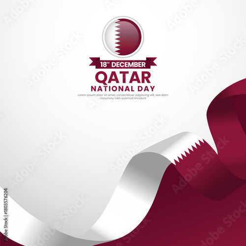 Qatar national day greeting card, square banner background with warving ribbon flag