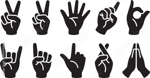 Gestures hand symbols vector signs set collection showing various hand positions in silhouette