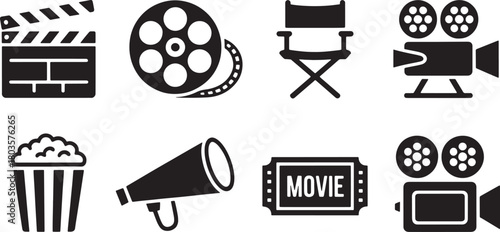 Filmmaking elements vector illustration in trendy style with clapperboard and film