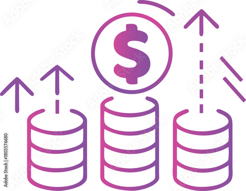 Financial growth dollar sign and increasing coin stacks, depicting investment returns
