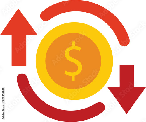 Money exchange and transaction icon with dollar coin and up down arrows, financial flow