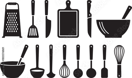 Kitchen Utensils Silhouette Vector Set of Cooking Tools Grater Spatula Knife and Bowl