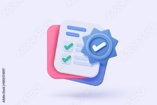 3d icon file task management todo check list, assignment and exam paperwork, work on organization, progress feedback, administration survey. 3d clipboard tick check icon vector render illustration