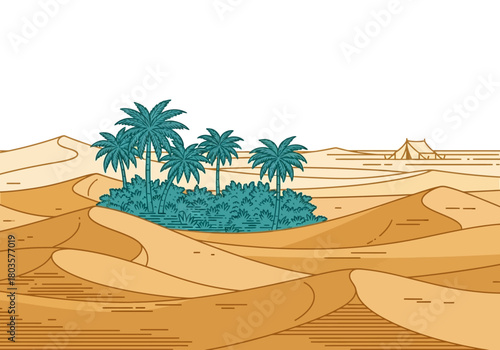 Desert oasis with palm trees sand dunes and a distant tent structure