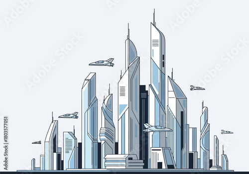 Futuristic city skyline with stylized skyscrapers and flying vehicles against a light background