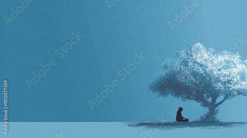 Wallpaper Mural illustration of meditating under a tree, blue background Torontodigital.ca