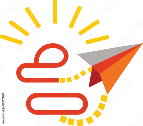 Paper airplane flying up along a dotted path, representing progress, ideas, and ambition