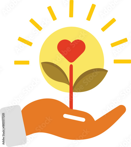 Hand holding heart plant icon, representing growth, love, care, nature, charity and giving