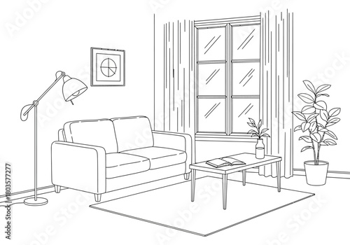 Line art illustration of a modern living room with a couch and window