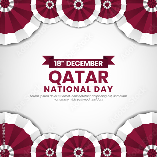 Qatar national day greeting card, square banner background with warving ribbon flag