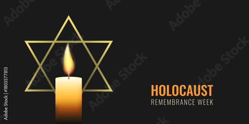 Holocaust Remembrance week horizontal banner. Burning candle and star of David. Memorial Commemoration vector illustration