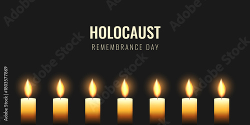 Holocaust Remembrance Day horizontal banner. Burning Candles on Black Background. Memorial vector illustration