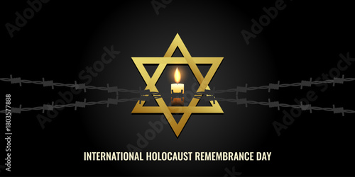 International Holocaust Remembrance Day horizontal banner. Golden star of David and glowing candle behind barbed wire. Memory and awareness concept vector illustration
