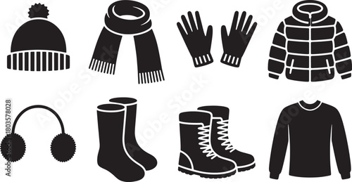 Seasonal winter wear silhouette icons collection of beanie earmuffs scarf and shoes