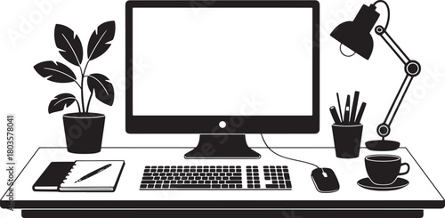 Office workspace desk silhouette vector illustration on transparent background