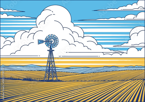 Stylized illustration of a windmill on a vast tilled field beneath a cloudy sky