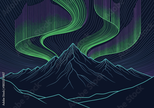 Stylized illustration of an aurora borealis over dark angular mountains under a night sky