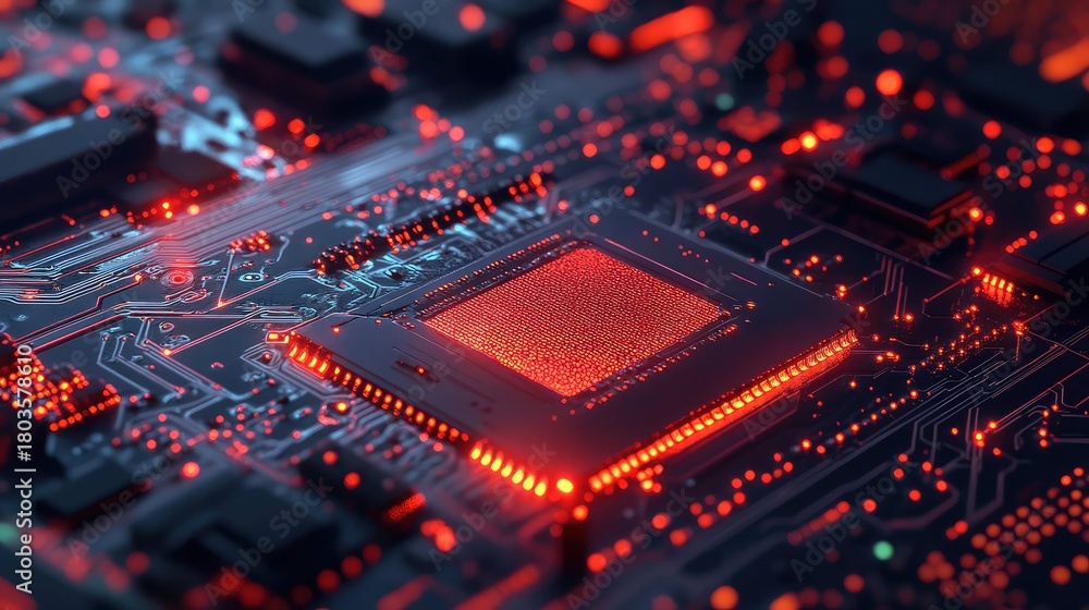 Fototapeta premium Cpu circuit board glowing red processing data concept