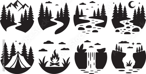 Set of camping mountain nature silhouette vector icons with trees and campfire