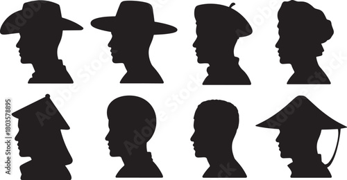 Set of different profile silhouette of people with traditional hats flat design