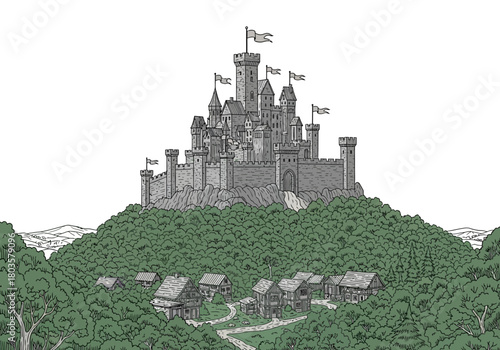 Stylized medieval castle atop a wooded hill overlooking a small village