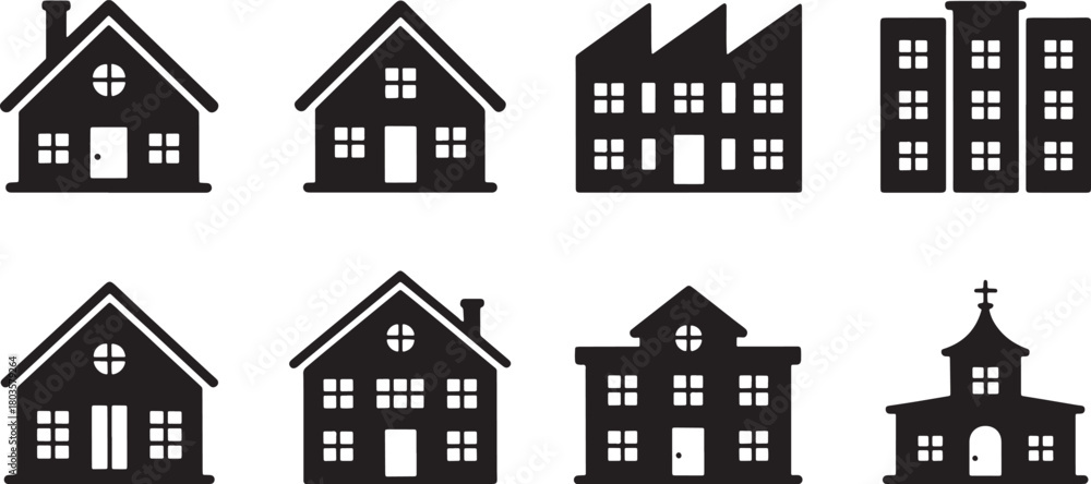 Fototapeta premium Set of Different Silhouette House Building Icons Isolated on Transparent Background
