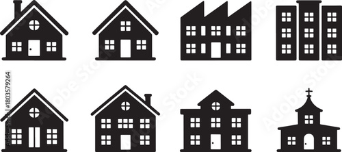 Set of Different Silhouette House Building Icons Isolated on Transparent Background
