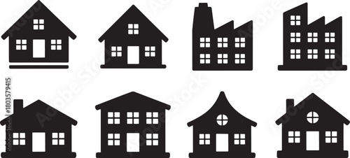 Set of Different Silhouette House Building Icons Isolated on Transparent Background