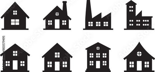 Set of Different Silhouette House Building Icons Isolated on Transparent Background