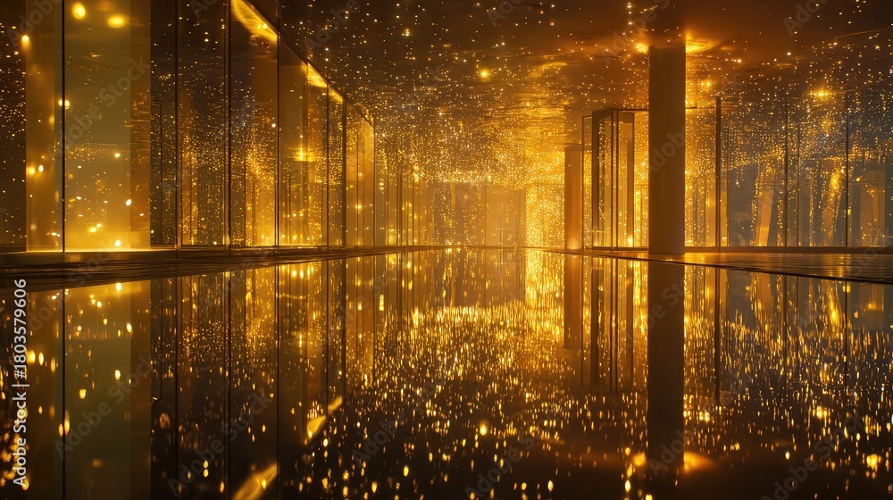 Fototapeta premium Golden glitter lights reflecting in an immersive luxury room