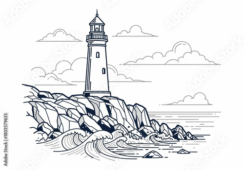 Black and white line art of a lighthouse on a rocky coast with waves