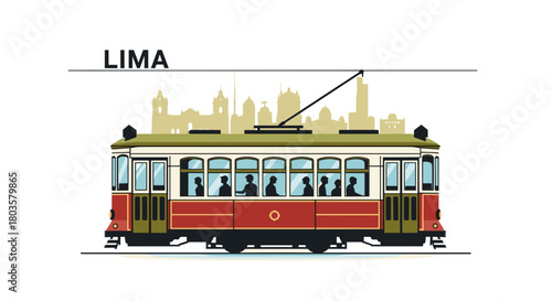 Vintage tram illustration with city skyline of Lima in background  