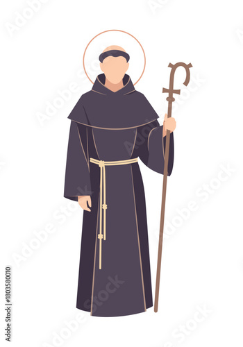 Monk in traditional robe holding a staff with a halo above head  