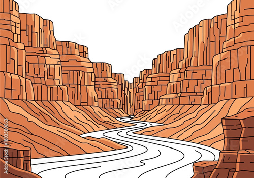 Cartoon drawing of a deep canyon with a winding river below