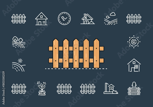 Collection of farm and garden icons centered around a wooden picket fence